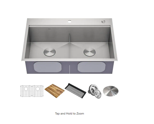 KRAUS  Loften Stainless Steel 18-Gauge 33 in. Double Bowl Drop-In Workstation Kitchen Sink with Accessories