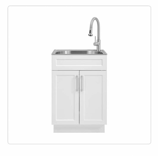 Glacier Bay All-in-One Stainless Steel 24 in Laundry Sink with Faucet and Storage Cabinet in White